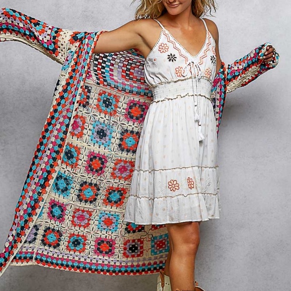 New POL Long Crochet Granny Square Duster Cardigan Boho Multicolor One Size - Picture 3 of 12